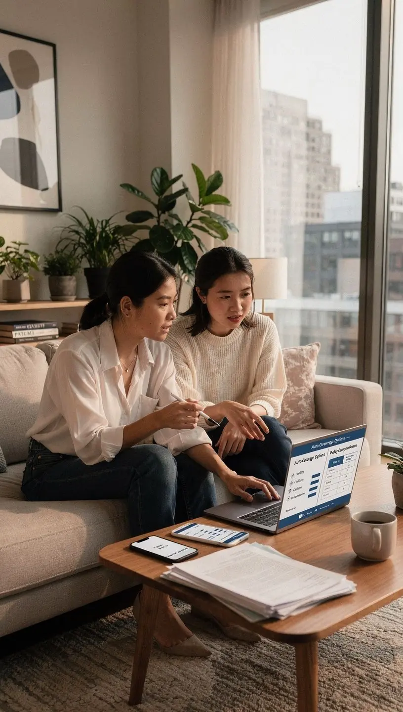 Osoba porównująca różne polisy ubezpieczeniowe samochodów na komputerze.