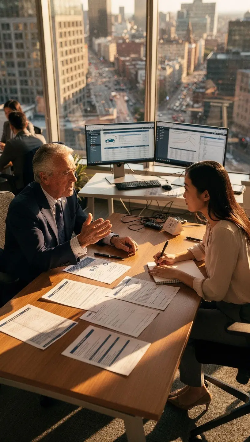 Grupa ludzi dyskutująca o ubezpieczeniach samochodowych w sali konferencyjnej.